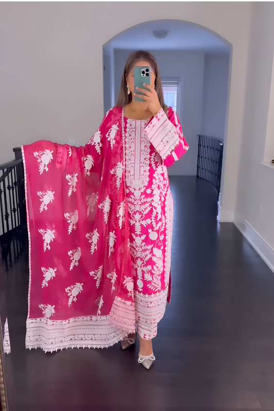 Pink Georgette with Shine Embroidery Work Kurti Set - KEVU