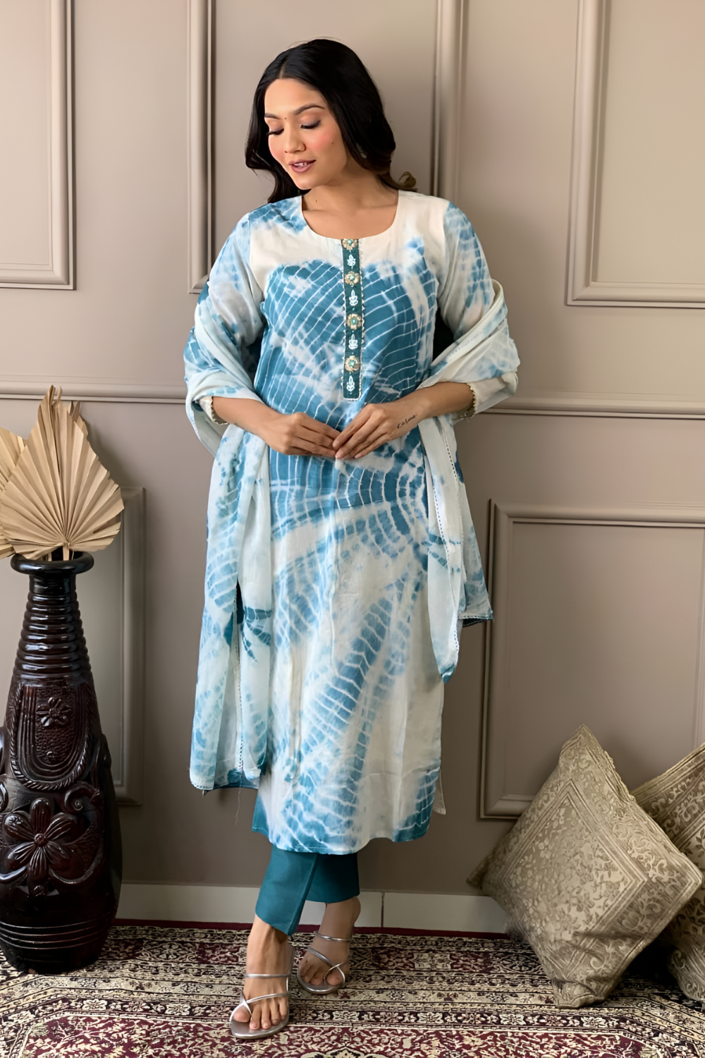 Blue Jaipuri Embroidery Kurta Set with Pent - KEVU